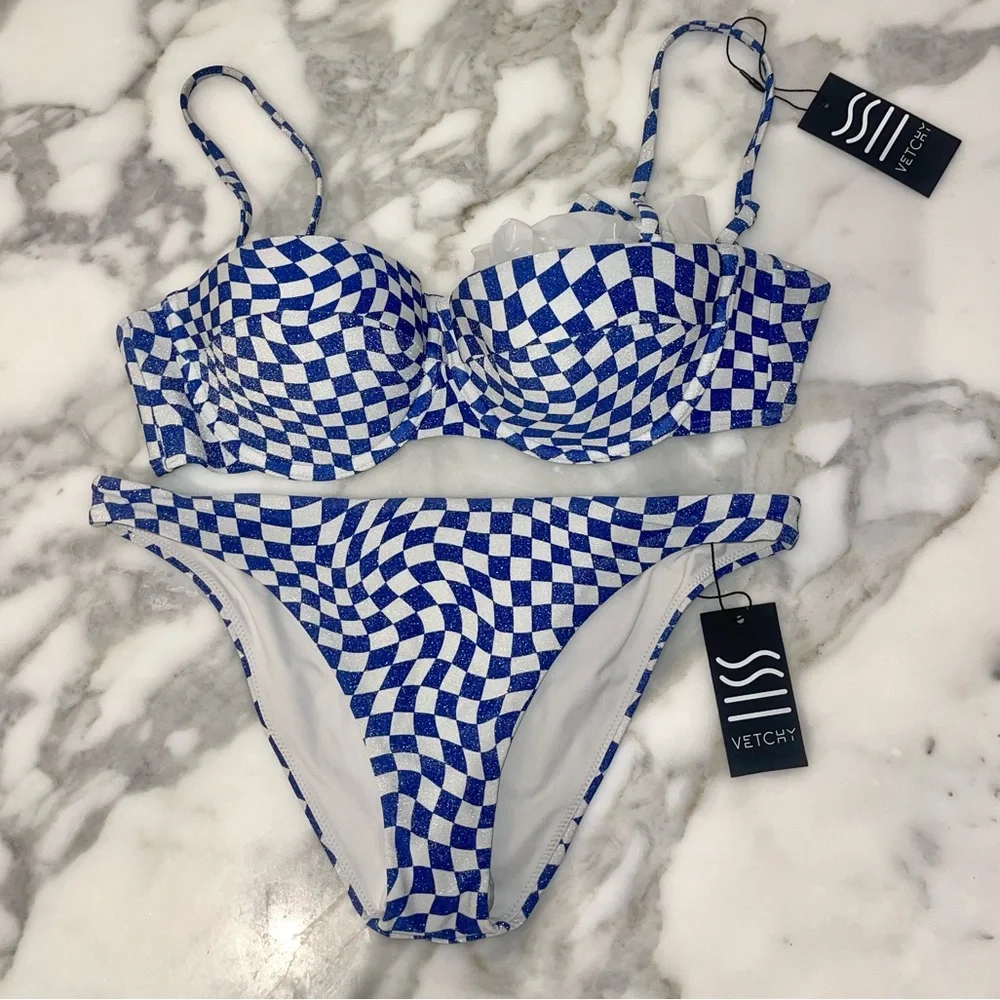 Blue Check Bandeau Bikini Set - Women Swim Bikini - Picture 3 of 8